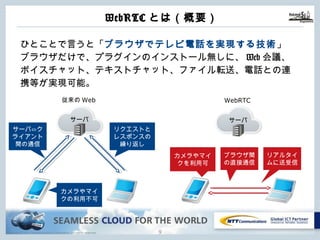 Copyright © NTT Communications Corporation. All rights reserved. 8
WebRTCとは（概要）
ひとことで⾔うと「ブラウザでテレビ電話を実現する技術」
ブラウザだけで、プラグインのインストール無しに、Web会議、
ボイスチャット、テキストチャット、ファイル転送、電話との連
携等が実現可能。
従来のWeb WebRTC
カメラやマイ
クを利⽤可
リアルタイ
ムに送受信
ブラウザ間
の直接通信
サーバ⇔ク
ライアント
間の通信
リクエストと
レスポンスの
繰り返し
カメラやマイ
クの利⽤不可
サーバ サーバ
 