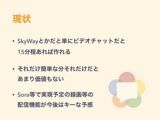 現状
• SkyWayとかだと単にビデオチャットだと 
15分程あれば作れる
• それだけ簡単な分それだけだと 
あまり価値もない
• Sora等で実現予定の録画等の 
配信機能が今後はキーな予感
 