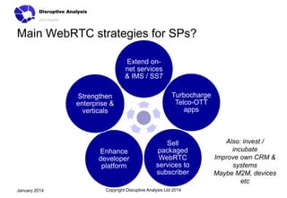 Main WebRTC strategies for SPs?
Extend onnet services
& IMS / SS7
Strengthen
enterprise &
verticals

Enhance
developer
platform

January 2014

Turbocharge
Telco-OTT
apps

Sell
packaged
WebRTC
services to
subscriber

Copyright Disruptive Analysis Ltd 2014

Also: invest /
incubate
Improve own CRM &
systems
Maybe M2M, devices
etc

 