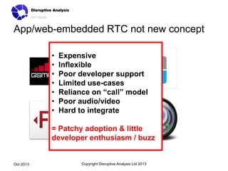 App/web-embedded RTC not new concept
•
•
•
•
•
•
•

Expensive
Inflexible
Poor developer support
Limited use-cases
Reliance...