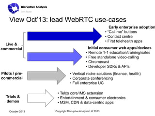 View Oct’13: lead WebRTC use-cases

Live &
commercial

Pilots / precommercial

Trials &
demos
October 2013

Early enterpri...