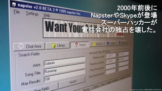 2000年前後に
NapsterやSkypeが登場
スーパーハッカーが
電話会社の独占を壊した。
www.flickr.com/photos/132889348@N07/18410514419
 