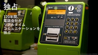 独占
120年間、
電話会社が
リアルタイム
コミュニケーションを
独占
www.flickr.com/photos/mattb_tv/2550476978
 