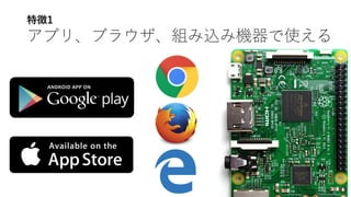 特徴1
アプリ、ブラウザ、組み込み機器で使える
 