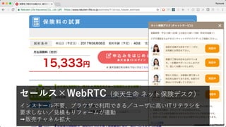 www.rakuten-life.co.jp/videochat/
インストール不要、ブラウザで利⽤できる／ユーザに⾼いITリテラシを
要求しない／⾒積もりフォームが連動
➙販売チャネル拡⼤
セールス×WebRTC (楽天⽣命 ネット保険デスク)
 