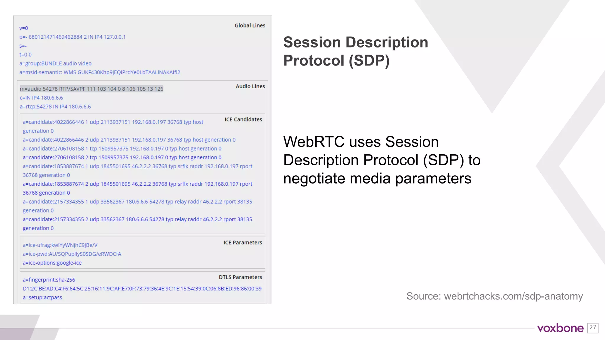 27
SDP
There is a large continent in the WebRTC
community that thinks SDP is evil. They have
*very slowly* won, so expect more efforts to
move away from SDP.
 