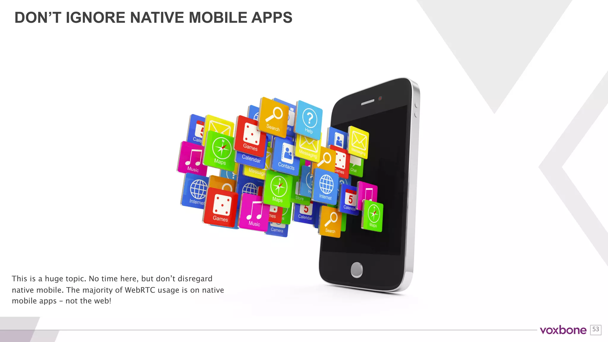 53
WEBRTC TO DO LIST
CLIENT
SUPPORT
RTC
Architecture
Front-end Backend-end
Cloud
Environment
Ops
Test &
monitoring
• WebRTC	
Browser	
support
• Non-WebRTC	
Browser	
support
• Native	app	
support
• Peer-peer
• Peer-gateway
• Multi-party
• Mesh
• MCU
• SFU
• Broadcast
• Audio	vs.	video
• Codec	vs.	data
• Screenshare
• Web	vs.	SIP
• UI/UX
• Framework
• Web	servers
• Framework
• DB
• Client	signaling
• Media	
processing
• STUN
• TURN
• Performance
• CPU
• Costs
• Latency
• Bandwidth
• I/O
• VM/Container	
strategy
• Orchestration
• CDN
• DNS/IP	
Addressing
• Infrastructure	
monitoring
• Logging
• Continuous	
Integration
• Call	monitoring
• Load	Test
• Active	Test
• Browser	test
• Device	test
Here is a quick check list of items to consider when
deploying WebRTC.
 