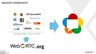 11
• 2 Billion+ WebRTC Browsers
• 1 Billion+ minutes/week
• 950+ companies & projects
• 5 Billion+ WebRTC app downloads
WEBRTC AFTER 5 YEARS
11
https://groups.google.com/forum/#!topic/discuss-webrtc/I0GqzwfKJfQ
https://docs.google.com/presentation/d/1JwnW6v3OM0RfoDYrPPTJrDNeIpi
dgh7hF_k5E1j2oKM/edit?usp=sharing
GOOGLE’S 5 YEAR STATS
 