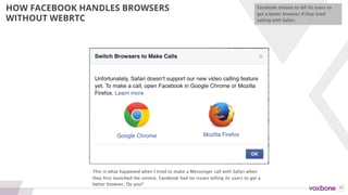 46
HOW FACEBOOK HANDLES BROWSERS
WITHOUT WEBRTC
They have since hidden the feature on non-WebRTC browsers, but still
recommend using a WebRTC browser.
They have softened a bit and now hide
WebRTC features on non-WebRTC
browsers.
 