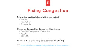 11
Fixing Congestion
Determine available bandwidth and adjust


- Bitrate


- Resolution


- Framerate


Common Congestion...