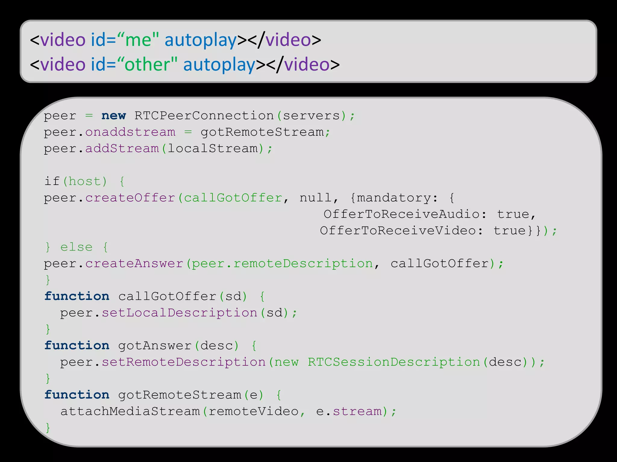 <video id=“me" autoplay></video>
<video id=“other" autoplay></video>
peer = new RTCPeerConnection(servers);
peer.onaddstream = gotRemoteStream;
peer.addStream(localStream);
if(host) {
peer.createOffer(callGotOffer, null, {mandatory: {
OfferToReceiveAudio: true,
OfferToReceiveVideo: true}});
} else {
peer.createAnswer(peer.remoteDescription, callGotOffer);
}
function callGotOffer(sd) {
peer.setLocalDescription(sd);
}
function gotAnswer(desc) {
peer.setRemoteDescription(new RTCSessionDescription(desc));
}
function gotRemoteStream(e) {
attachMediaStream(remoteVideo, e.stream);
}
 