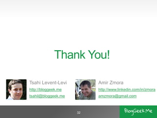 Thank You! 
32 
TsahiLevent-Levi 
http://bloggeek.me 
tsahil@bloggeek.me 
Amir Zmora 
http://www.linkedin.com/in/zmora 
am...