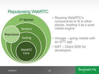 Repurposing WebRTC
• Reusing WebRTC’s
components to fit in other
places, treating it as a pure
media engine

2nd Market
Vendors

Repurpose
Tooling

• Vonage – going mobile with
an OTT app
• M5T – Client SDK for
developers

WebRTC
Core

12/3/2013

22

 
