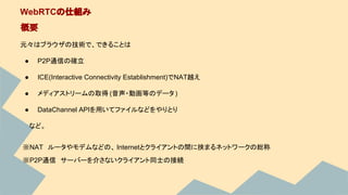 元々はブラウザの技術で、できることは
● P2P通信の確立
● ICE(Interactive Connectivity Establishment)でNAT越え
● メディアストリームの取得 (音声・動画等のデータ )
● DataChannel APIを用いてファイルなどをやりとり
　　など。
WebRTCの仕組み
概要
※P2P通信　サーバーを介さないクライアント同士の接続
※NAT　ルータやモデムなどの、 Internetとクライアントの間に挟まるネットワークの総称
 