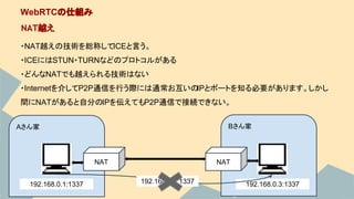 Bさん家Aさん家
・NAT越えの技術を総称してICEと言う。
・ICEにはSTUN・TURNなどのプロトコルがある
・どんなNATでも越えられる技術はない
・Internetを介してP2P通信を行う際には通常お互いのIPとポートを知る必要があります。しかし
間にNATがあると自分のIPを伝えてもP2P通信で接続できない。
WebRTCの仕組み
NAT越え
192.168.0.1:1337
NAT
192.168.0.3:1337
NAT
192.168.0.3:1337
 