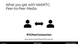 cwh.consulting
What you get with WebRTC:
Peer-to-Peer Media
RTCPeerConnection
https://www.w3.org/TR/webrtc/#rtp-media-api
 