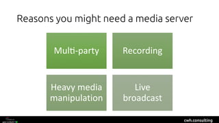 cwh.consulting
Reasons you might need a media server
Mul$-party Recording
Heavy media
manipulation
Live
broadcast
Kranky Geek São Paulo 2016
 