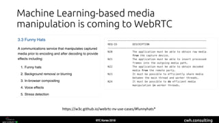 cwh.consulting
Machine Learning-based media
manipulation is coming to WebRTC
https://w3c.github.io/webrtc-nv-use-cases/#funnyhats*
 