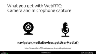 cwh.consulting
What you get with WebRTC:
Camera and microphone capture
navigator.mediaDevices.getUserMedia()
https://www.w3.org/TR/mediacapture-streams/#mediadevices
 