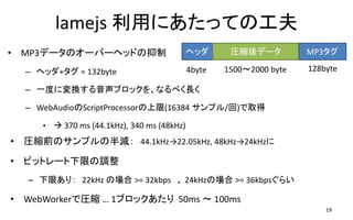 lamejs 利用にあたっての工夫
• MP3データのオーバーヘッドの抑制
– ヘッダ+タグ = 132byte
– 一度に変換する音声ブロックを、なるべく長く
– WebAudioのScriptProcessorの上限(16384 サンプル/回)で取得
•  370 ms (44.1kHz), 340 ms (48kHz)
19
ヘッダ 圧縮後データ MP3タグ
4byte 128byte1500～2000 byte
• 圧縮前のサンプルの半減： 44.1kHz→22.05kHz, 48kHz→24kHzに
• ビットレート下限の調整
– 下限あり： 22kHz の場合 >= 32kbps 、 24kHzの場合 >= 36kbpsぐらい
• WebWorkerで圧縮 … 1ブロックあたり 50ms ～ 100ms
 
