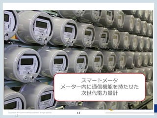 12Copyright © NTT Communications Corporation. All right reserved.
12
スマートメータ
メーター内に通信機能を持たせた
次世代電力量計
 