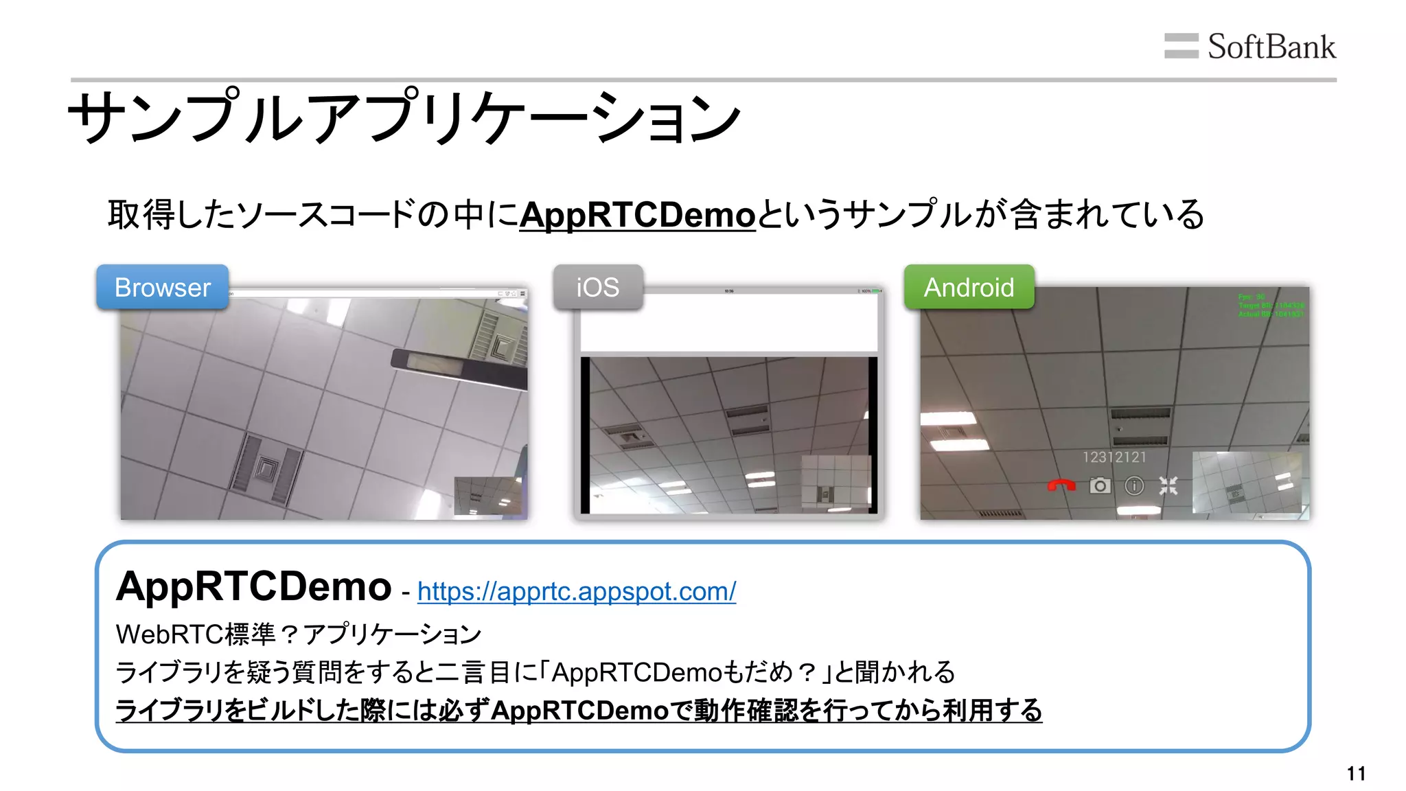 11
サンプルアプリケーション
iOS AndroidBrowser
取得したソースコードの中にAppRTCDemoというサンプルが含まれている
AppRTCDemo - https://apprtc.appspot.com/
WebRTC標準？アプリケーション
ライブラリを疑う質問をすると二言目に「AppRTCDemoもだめ？」と聞かれる
ライブラリをビルドした際には必ずAppRTCDemoで動作確認を行ってから利用する
 