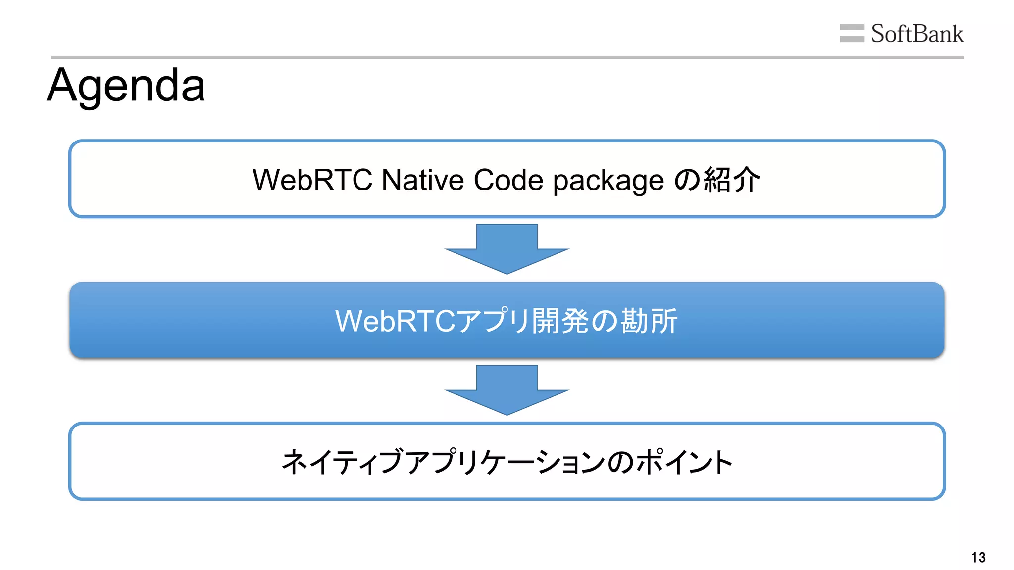13
Agenda
WebRTC Native Code package の紹介
WebRTCアプリ開発の勘所
ネイティブアプリケーションのポイント
 