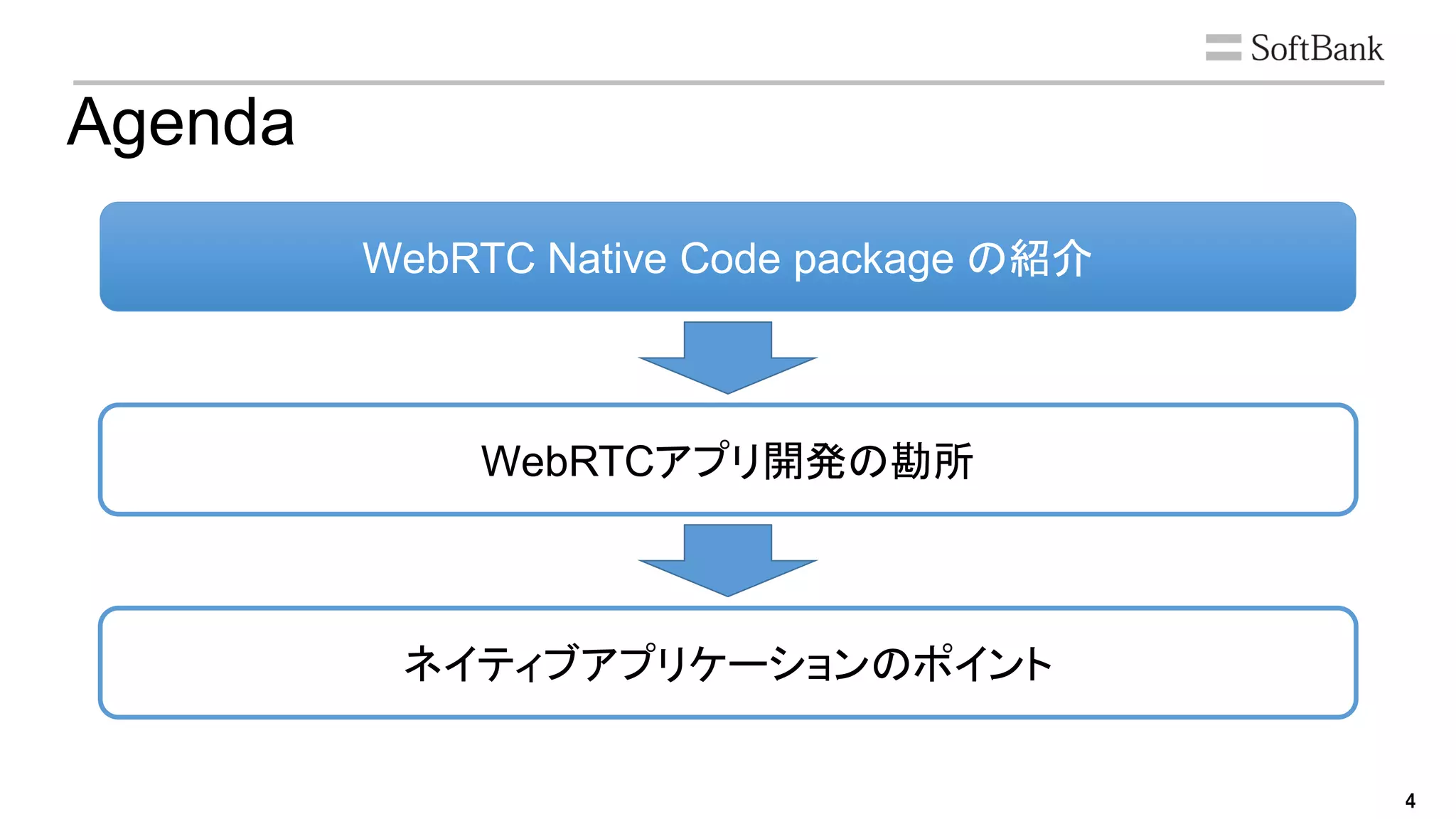 4
Agenda
WebRTC Native Code package の紹介
WebRTCアプリ開発の勘所
ネイティブアプリケーションのポイント
 
