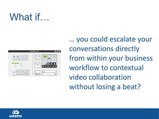 What if…
… you could escalate your
conversations directly
from within your business
workflow to contextual
video collaboration
without losing a beat?
