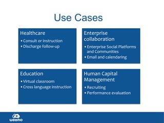 Use Cases
Healthcare
•Consult or instruction
•Discharge follow-up
Education
•Virtual classroom
•Cross language instruction
Enterprise
collaboration
•Enterprise Social Platforms
and Communities
•Email and calendaring
Human Capital
Management
•Recruiting
•Performance evaluation