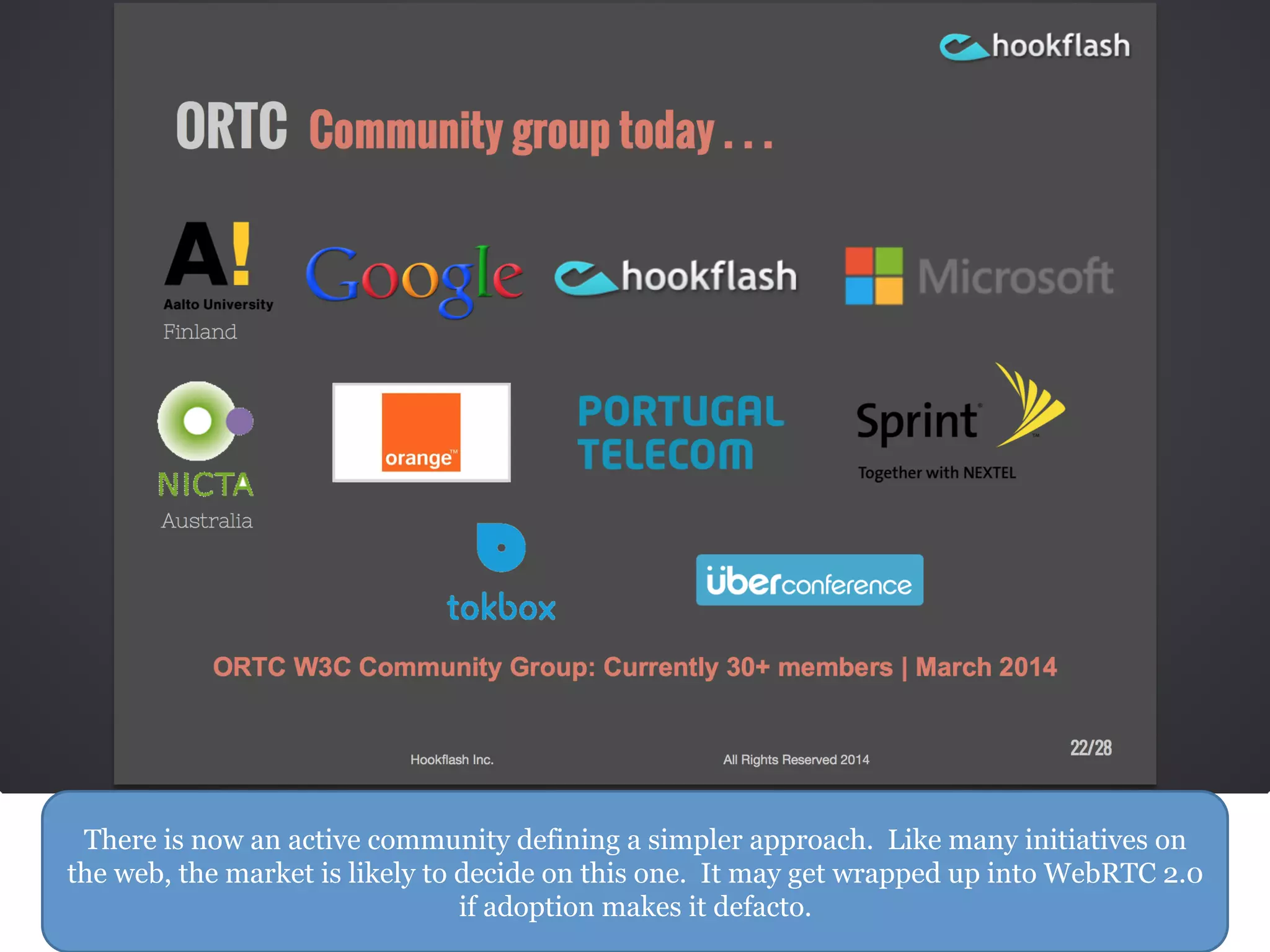 There is now an active community defining a simpler approach. Like many initiatives on
the web, the market is likely to decide on this one. It may get wrapped up into WebRTC 2.0
if adoption makes it defacto.
 