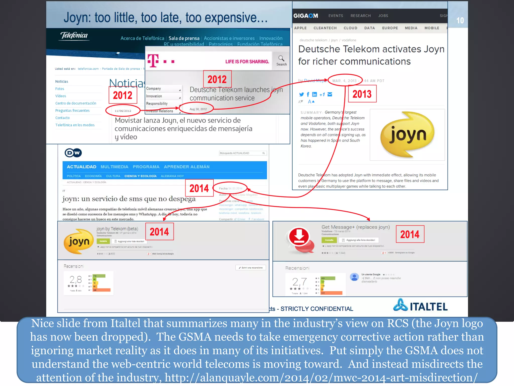 Nice slide from Italtel that summarizes many in the industry’s view on RCS (the Joyn logo
has now been dropped). The GSMA needs to take emergency corrective action rather than
ignoring market reality as it does in many of its initiatives. Put simply the GSMA does not
understand the web-centric world telecoms is moving toward. And instead misdirects the
attention of the industry, http://alanquayle.com/2014/02/mwc-2014-art-misdirection/
 