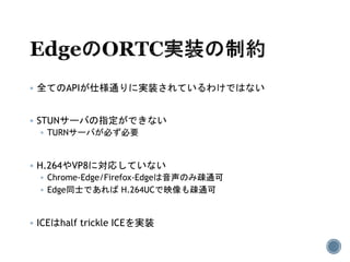  全てのAPIが仕様通りに実装されているわけではない
 STUNサーバの指定ができない
 TURNサーバが必ず必要
 H.264やVP8に対応していない
 Chrome-Edge/Firefox-Edgeは音声のみ疎通可
 Edge同士であれば H.264UCで映像も疎通可
 ICEはhalf trickle ICEを実装
 