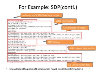 For Example: SDP(conti.)
• http://tools.ietf.org/id/draft-nandakumar-rtcweb-sdp-01.html#rfc.section.5
Indicates NACK RTCP feedback support
Video information
ICE Candidate for video
RTCP setting
data channel information
ICE Candidate for data
16
 