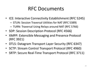 RFC Documents
• ICE: Interactive Connectivity Establishment (RFC 5245)
– STUN: Session Traversal Utilities for NAT (RFC 5389)
– TURN: Traversal Using Relays around NAT (RFC 5766)
• SDP: Session Description Protocol (RFC 4566)
• XMPP: Extensible Messaging and Presence Protocol
(RFC 3921)
• DTLS: Datagram Transport Layer Security (RFC 6347)
• SCTP: Stream Control Transport Protocol (RFC 4960)
• SRTP: Secure Real-Time Transport Protocol (RFC 3711)
23
 