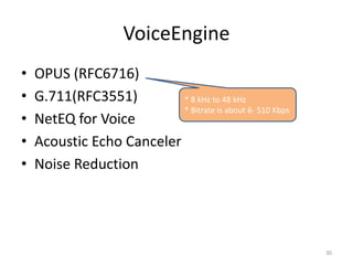 VoiceEngine
• OPUS (RFC6716)
• G.711(RFC3551)
• NetEQ for Voice
• Acoustic Echo Canceler
• Noise Reduction
* 8 kHz to 48 kHz
* Bitrate is about 6- 510 Kbps
30
 
