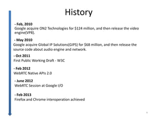 History
- Feb, 2010
Google acquire ON2 Technologies for $124 million, and then release the video
engine(VP8).
4
- May 2010
Google acquire Global IP Solutions(GIPS) for $68 million, and then release the
source code about audio engine and network.
- Oct 2011
First Public Working Draft - W3C
- Feb 2012
WebRTC Native APIs 2.0
- June 2012
WebRTC Session at Google I/O
- Feb 2013
Firefox and Chrome interoperation achieved
 
