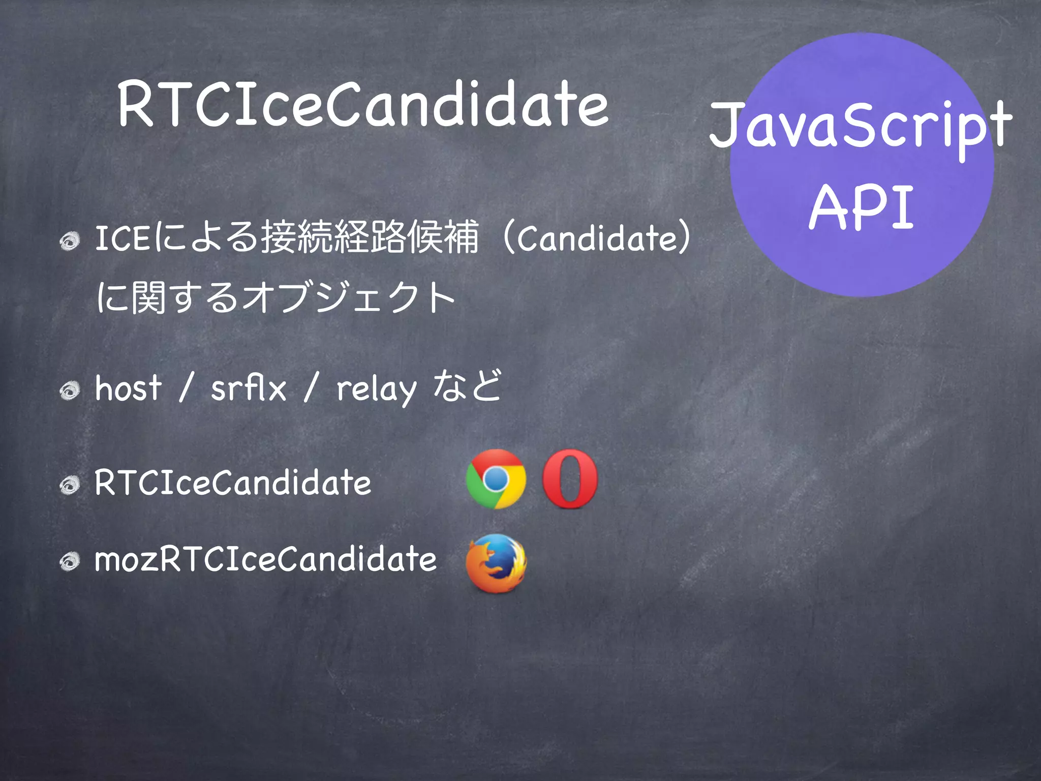 RTCSessionDescription
Session Description Protocolに関する
データオブジェクト
このデータを双方で共有することでP2P接続が確立される
RTCSessionDescription
mozRTCSessionDescription
JavaScript
API
 
