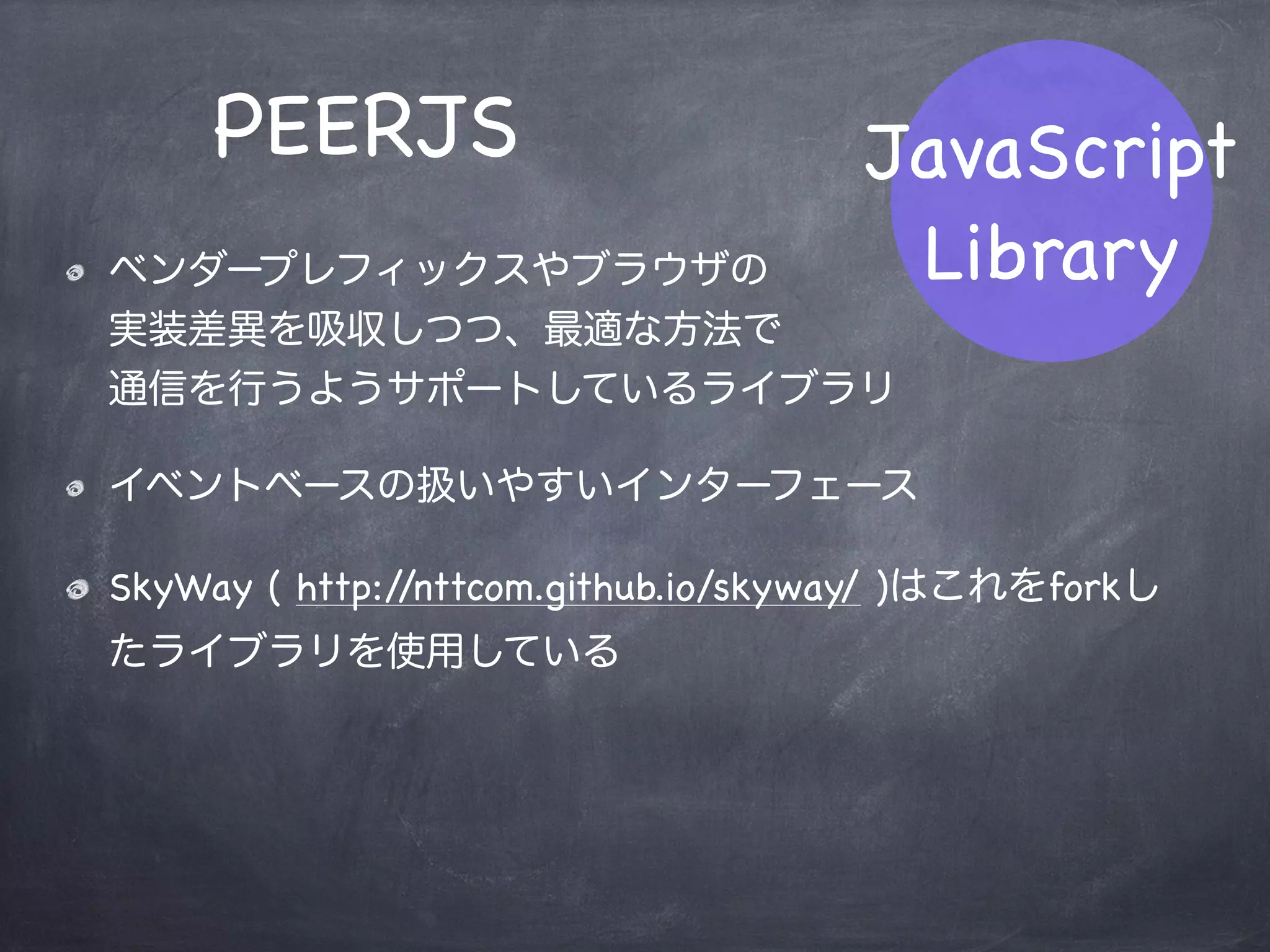 JavaScript
Library
PEERJS
http://peerjs.com/
 