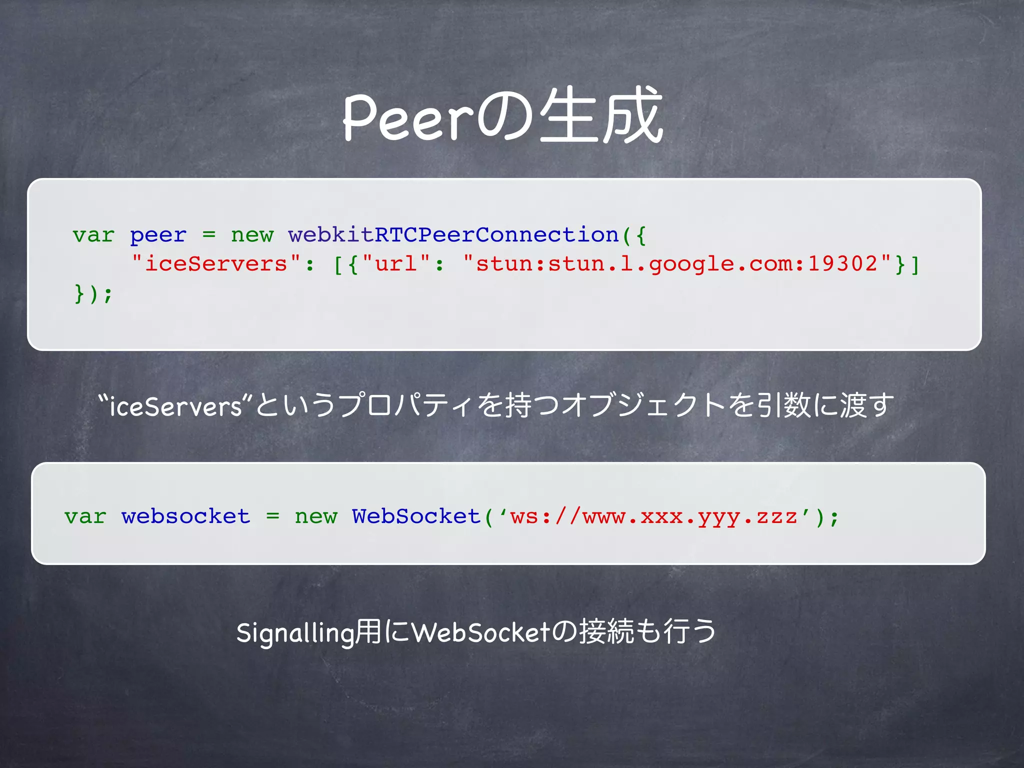P2P
Connection
P2Pの接続確立フロー
Peer（ピア）の生成
データ・ビデオストリームの接続
Session Description Protocolの交換
Offer / Answer
Signaling
P2P通信経路候補の共有（IceCandidate）
データ送信の共有 or ビデオストリームの共有
 
