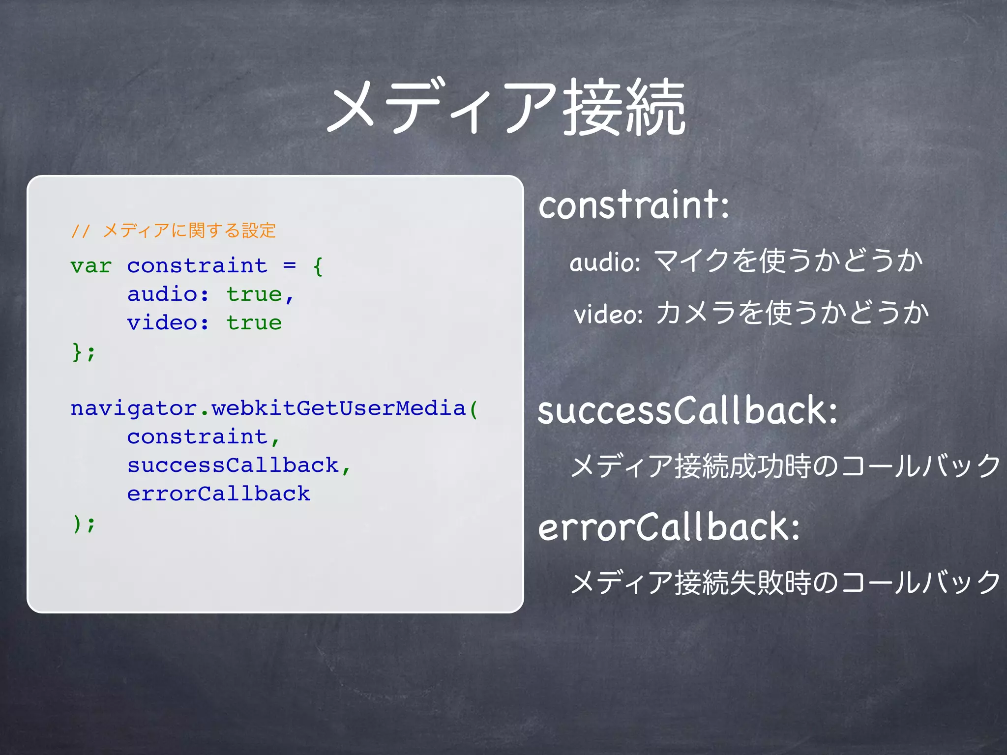 var peer = new webkitRTCPeerConnection({
    "iceServers": [{"url": "stun:stun.l.google.com:19302"}]
});
Peerの生成
“iceServers”というプロパティを持つオブジェクトを引数に渡す
var websocket = new WebSocket(‘ws://www.xxx.yyy.zzz’);
Signalling用にWebSocketの接続も行う
 
