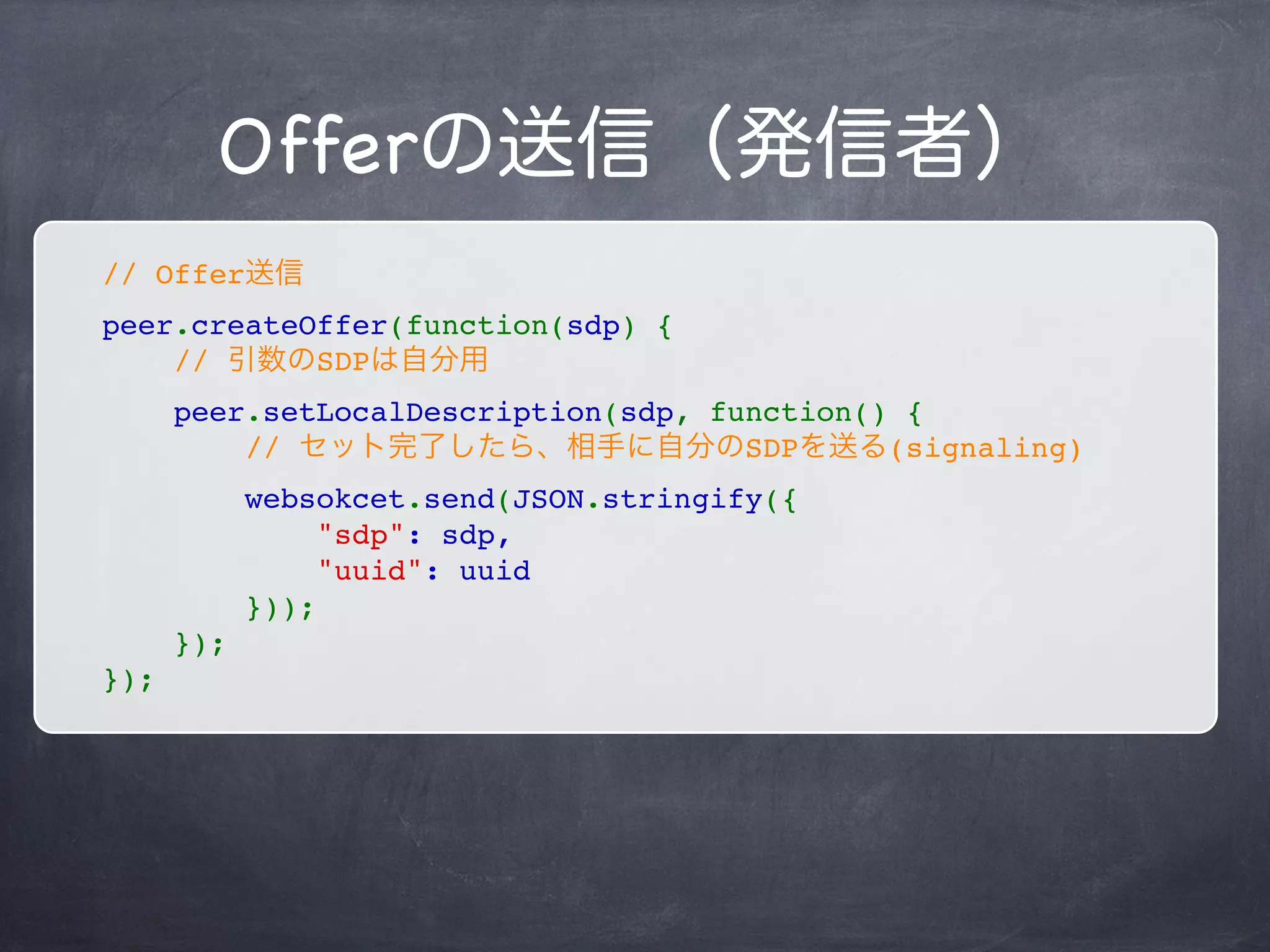 Signaling
P2P
Bさんと通信しよう Aさんからcallだ
応答しようつながった
Signaling Server
(WebSocket)
Oﬀer送信
Local Descriptionセット Oﬀer着信
Remote Description着信
Answer送信
Remote Descriptionセット
Local Descriptionセット
Answer着信
Remote Descriptionセット
① ②
③④
 