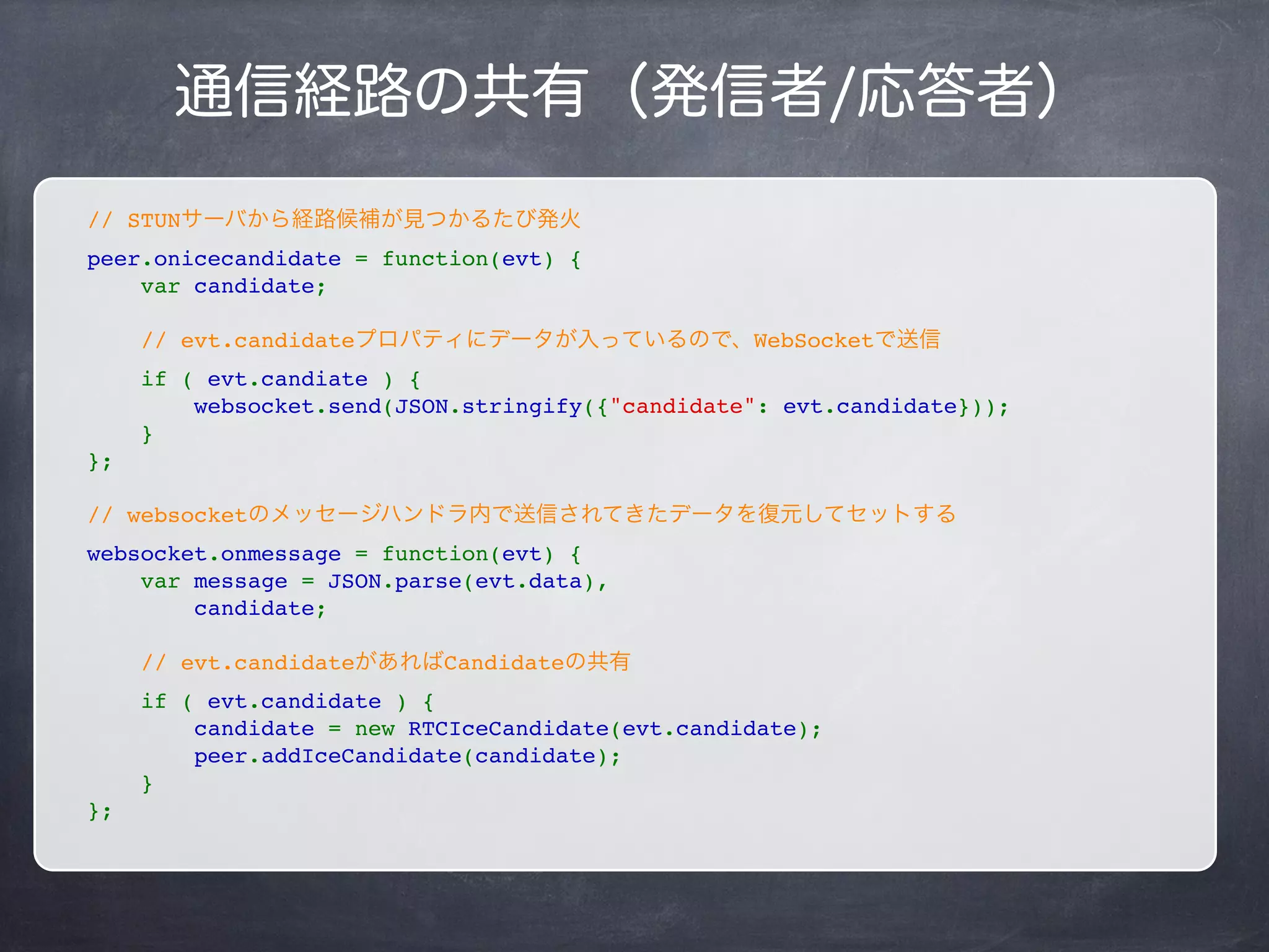 SDP
SDP Sample
v=0
o=- 6636874602225569115 2 IN IP4 127.0.0.1
...
m=audio 1 RTP/SAVPF 111 103 104 0 8 106 105 13 126
...
m=video 1 RTP/SAVPF 100 116 117
...
a=sctpmap:5000 webrtc-datachannel 1024
a=ssrc:3712708814 cname:dgbXDOpXGNofSBNB
a=ssrc:3712708814 msid:RTCDataConnection RTCDataConnection
a=ssrc:3712708814 mslabel:RTCDataConnection
a=ssrc:3712708814 label:RTCDataConnection
 