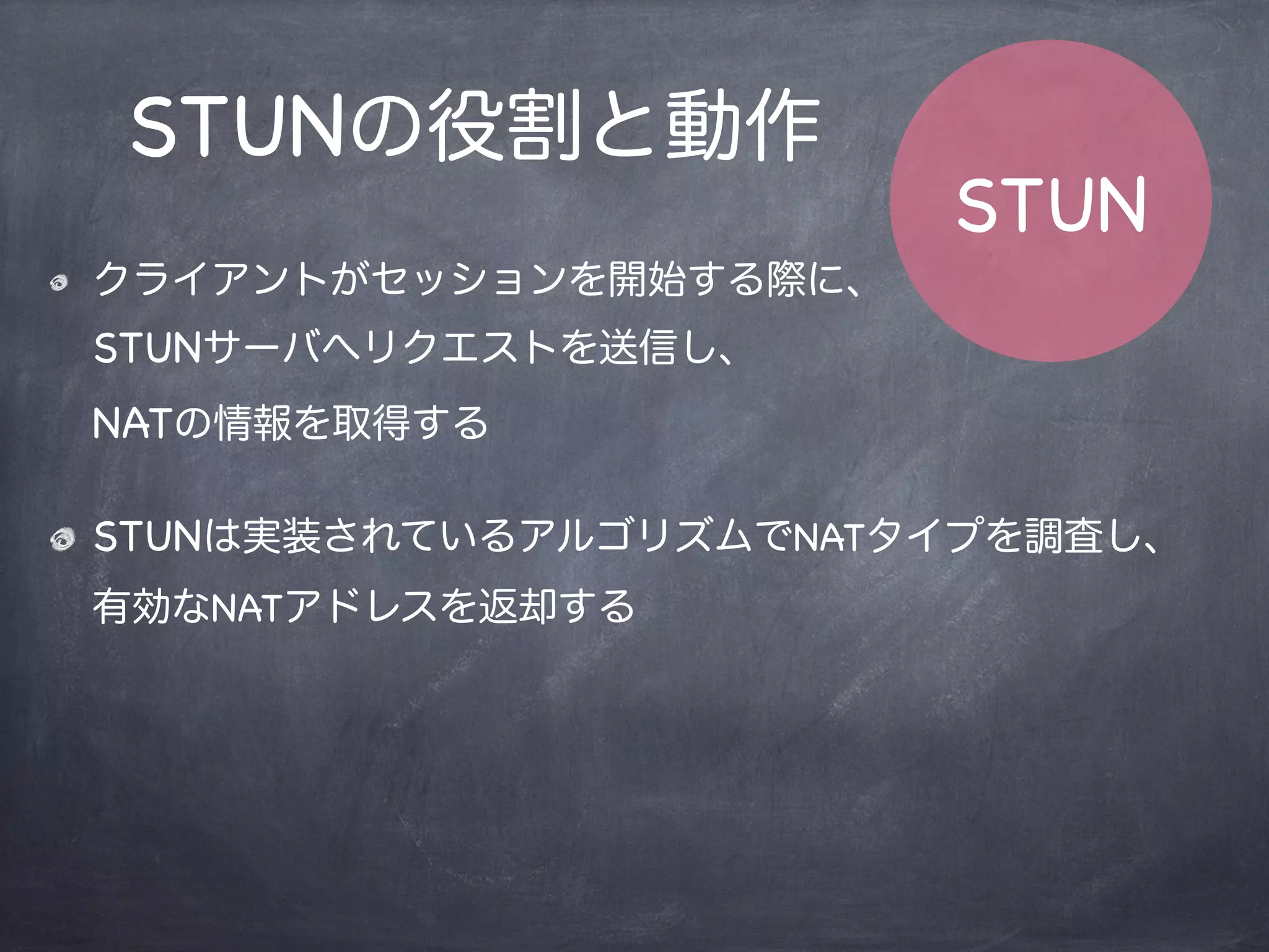 Simple Traversal of UDP through NATs
RFC3489にて仕様策定
stun.l.google.com:19302
stun.services.mozilla.com
STUN
 