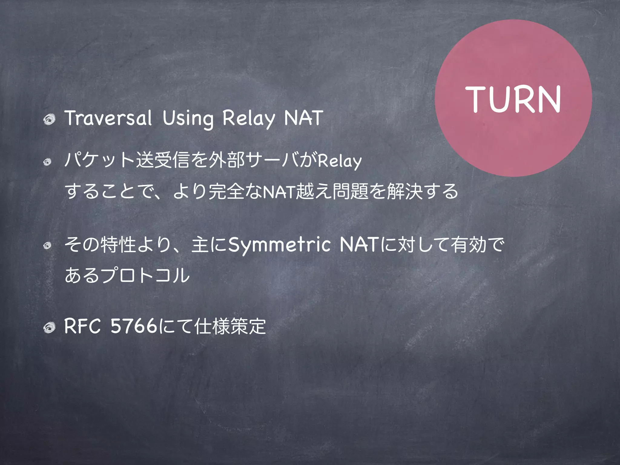 NATタイプによるP2P
NAT Type Full cone Address-Rest Port-Rest Symmetric
Full cone
Address-Rest
Port-Rest
Symmetric
P2P
Enables
Using UDP Hole Punching
 
