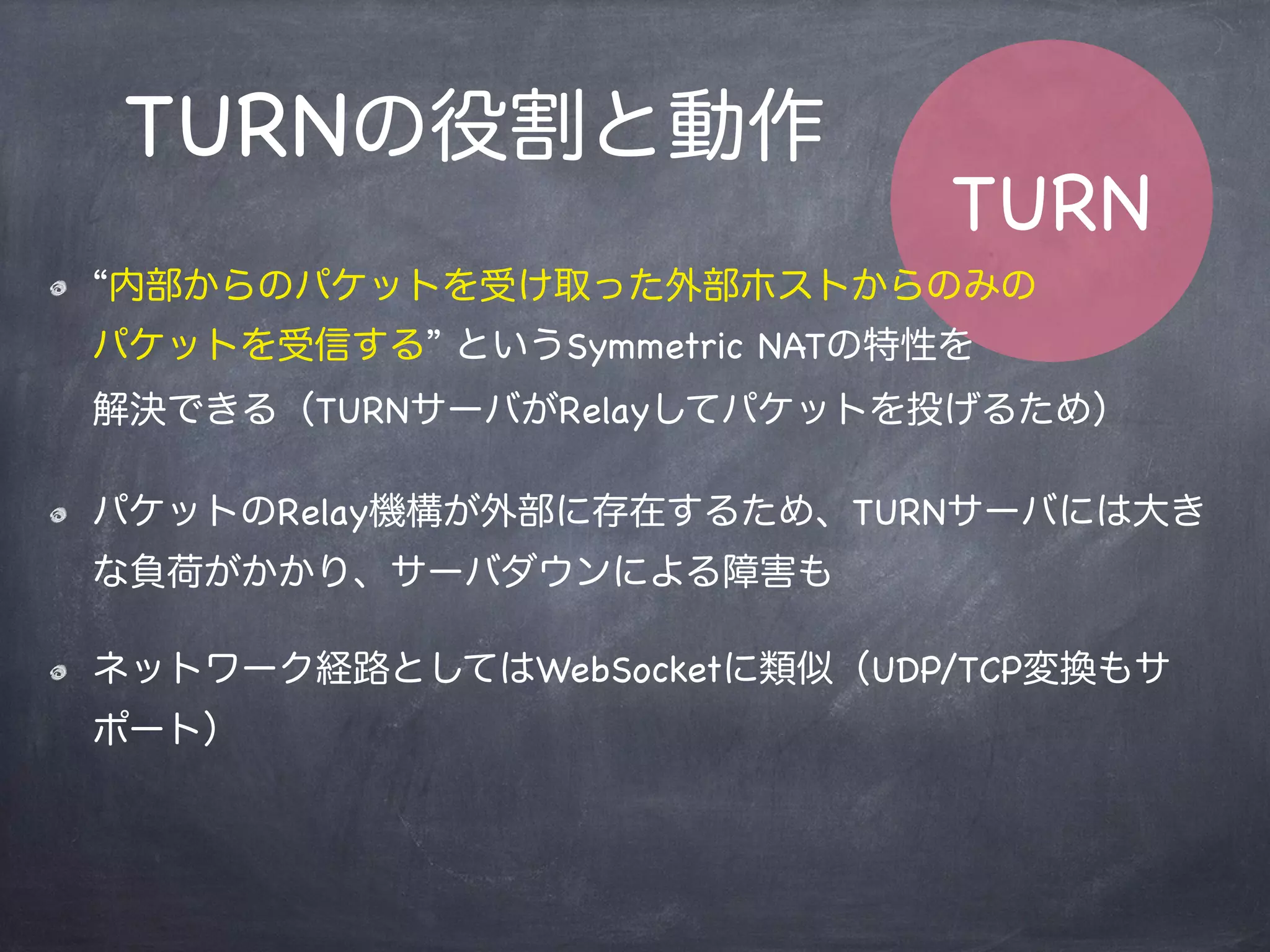 Traversal Using Relay NAT
パケット送受信を外部サーバがRelay
することで、より完全なNAT越え問題を解決する
その特性より、主にSymmetric NATに対して有効で
あるプロトコル
RFC 5766にて仕様策定
TURN
 
