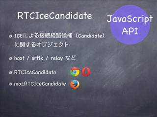 RTCSessionDescription
Session Description Protocolに関する
データオブジェクト
このデータを双方で共有することでP2P接続が確立される
RTCSessionDescription
mozRTCSessionDescription
JavaScript
API
 