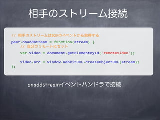 自分のストリーム接続
// 自分のストリームはMediaStream APIから取得する
navigator.webkitGetUserMedia(
    { audio: true, video: true },
    function(stream) {
        // video要素取得
        var video = document.getElementById('localVideo');
        // srcにBlob URLを指定するとカメラの画像がストリームで流れる
        video.src = window.webkitURL.createObjectURL(stream);
        // 自分のpeerにカメラストリームを接続させる
        peer.addStream(stream);
    },
    function(err) {
        console.log(err.name + ': ' + err.message);
    }
);
 