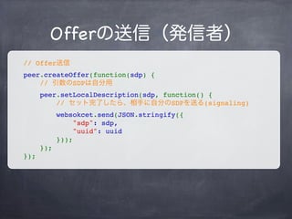 Signaling
P2P
Bさんと通信しよう Aさんからcallだ
応答しようつながった
Signaling Server
(WebSocket)
Oﬀer送信
Local Descriptionセット Oﬀer着信
Remote Description着信
Answer送信
Remote Descriptionセット
Local Descriptionセット
Answer着信
Remote Descriptionセット
① ②
③④
 