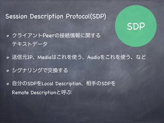 Signaling Server
var ws = require(‘websocket.io’);
var server = ws.listen(8124);
// 接続イベント
server.on(‘connection’, function(socket) {
socket.on(‘message’, function(data) {
console.log(‘Message received:’ + data);
     // 接続者全員にブロードキャスト
server.client.forEach(function(client) {
client && client.send(data);
});
});
});
シンプルな
WebSocket
$ node server.js
 